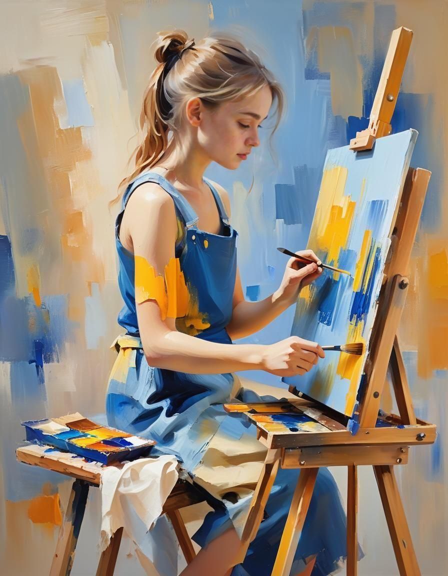 Girl Painting in Blue: Impressionist Oil Painting