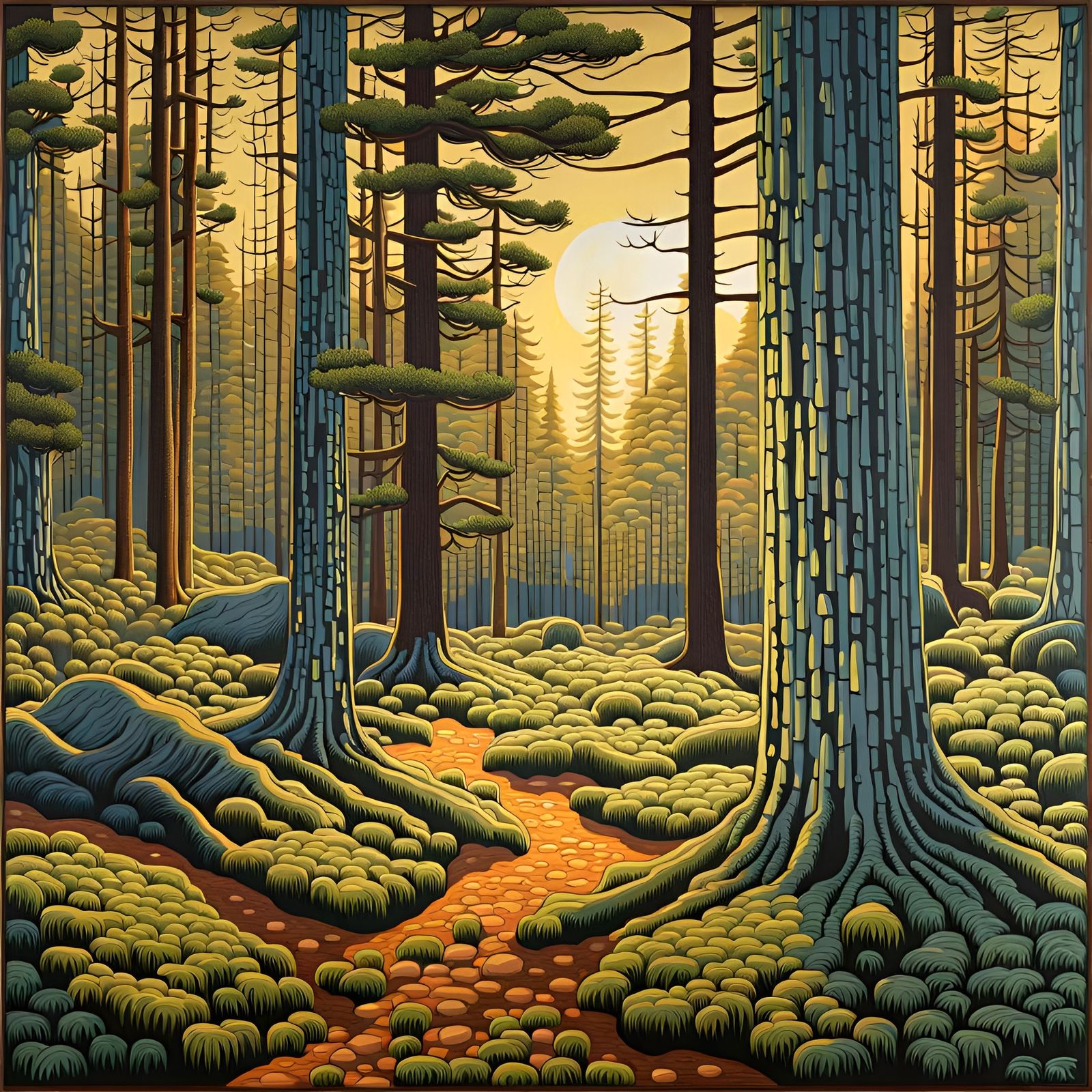 Golden Hour Glade in Pine Wood, Post-Impressionism