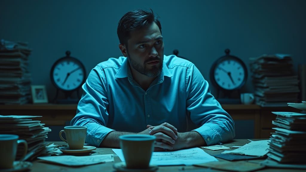 A Man Trapped in a Cycle of Frustration, in a Somber Blue Pa...