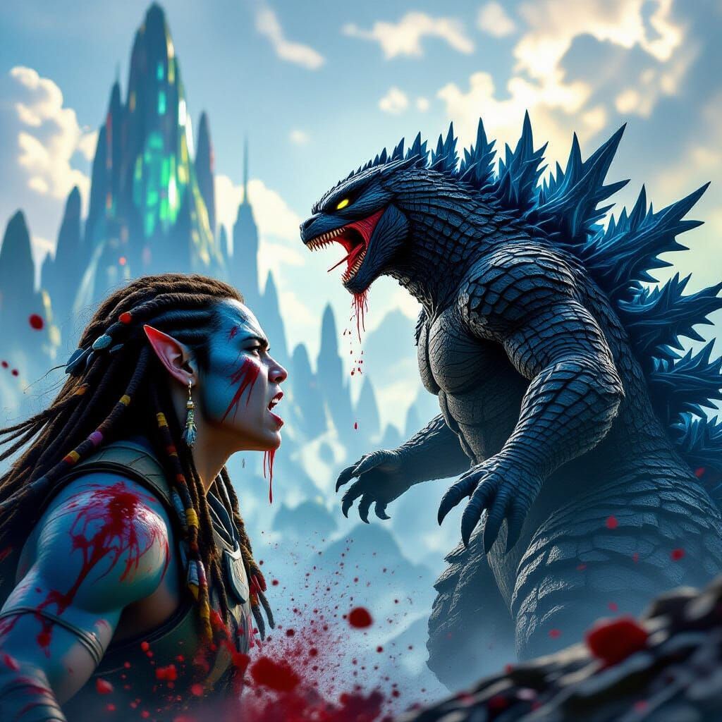 Avatar Warrior Battles Godzilla in Vibrant Pandora Cityscape