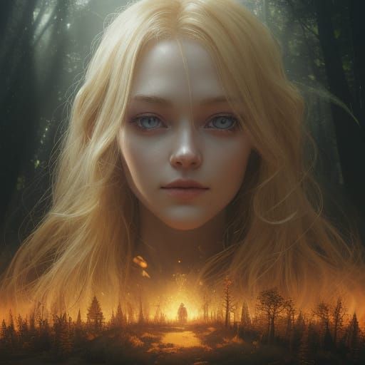 Child with Fiery Eyes in Dark Forest