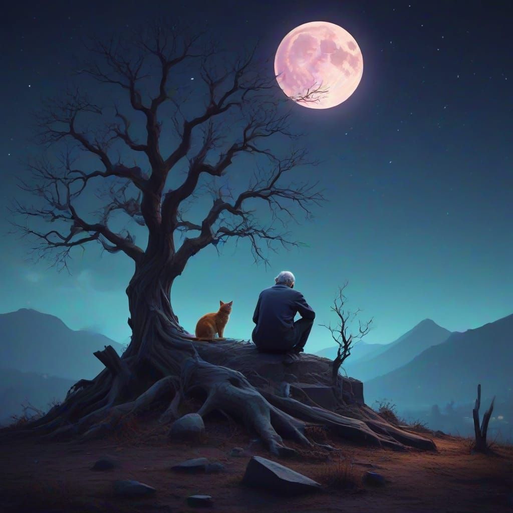Old Man and Cat by Grave under Moonlit Tree