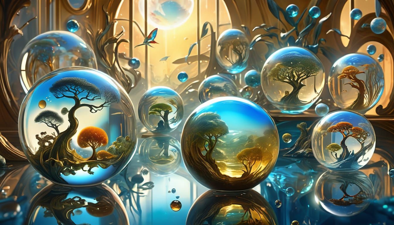 Dreamlike Ecosystems in Iridescent Glass Spheres