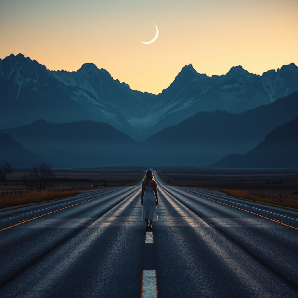 Surreal Highway Scene at Twilight in Hyper-Realistic Style