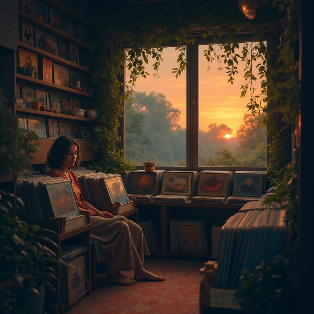 Surreal Vinyl Record Store at Dusk in Lofi Style