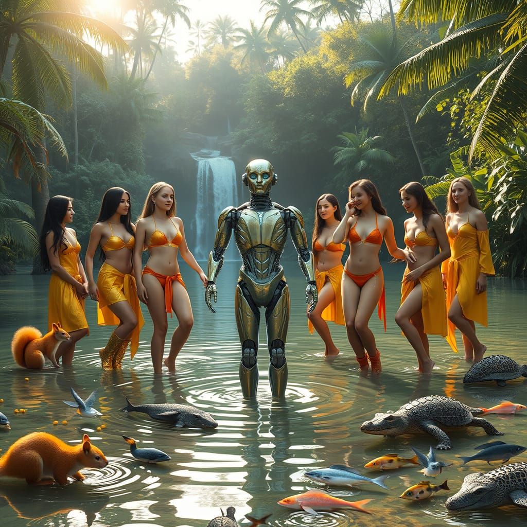 Surreal Tropical Jungle Scene with Humans and Robots in Circ...