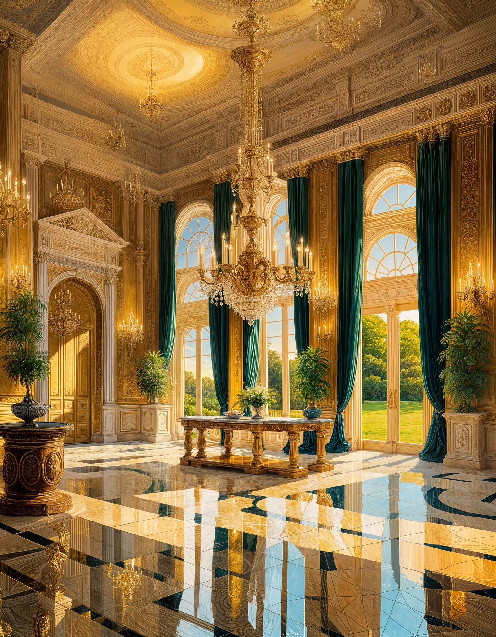 Majestic Presidential Estate with Lush Gardens, Oil on Canva...