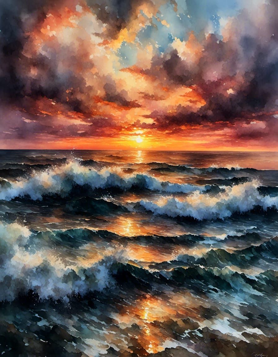 Vibrant Sunset Over Ocean: Gouache and Watercolor Painting