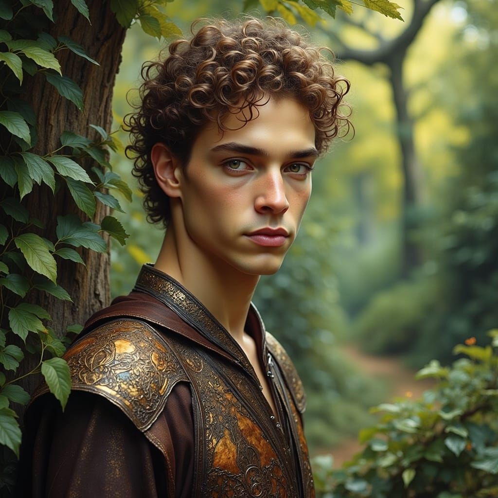 Medieval Youth in Vibrant Forest, Art Nouveau Style