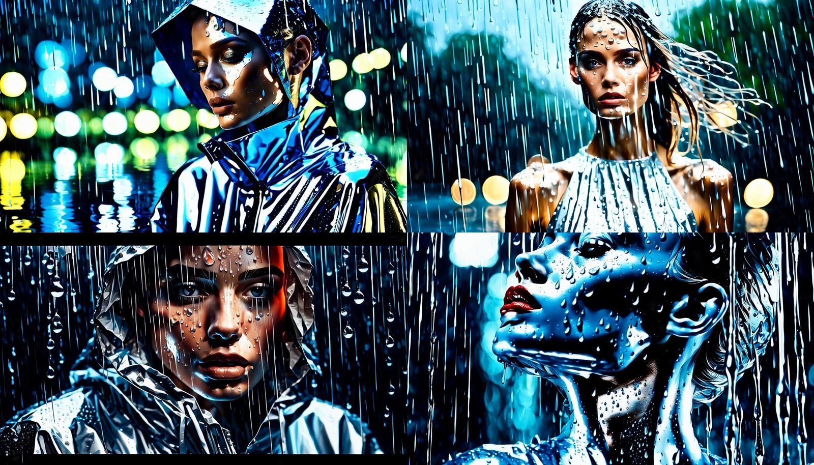 Model in Wet Silver Dress in Rain