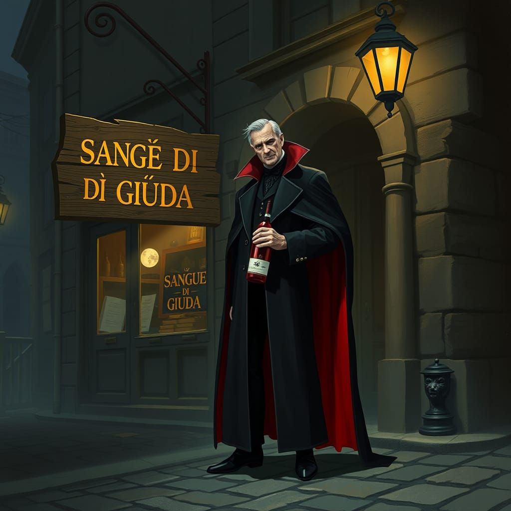 Count Dracula outside Italian Wine Shop
