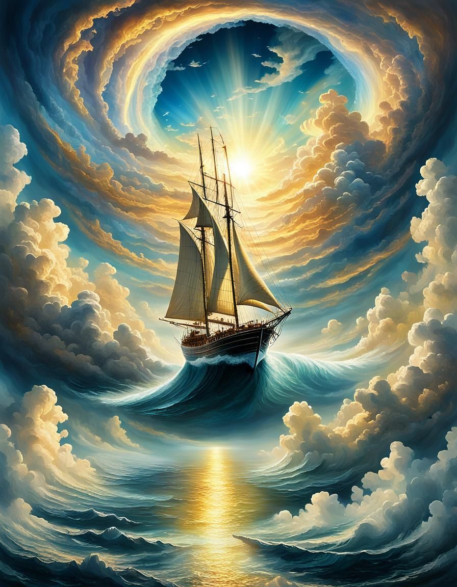 Sailboat to Heaven: Ethereal Gateway in Golden Light