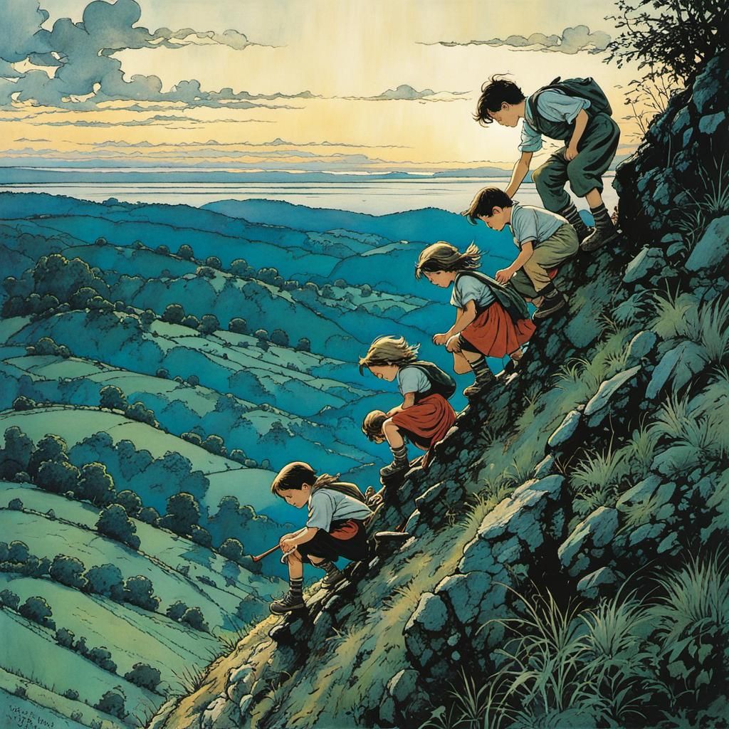 Four Siblings Climbing at Dusk, Illustrated Fantasy Art
