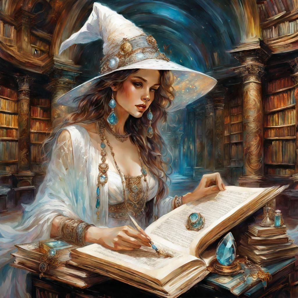 Cute Roman Scribe Witch in Opulent Library