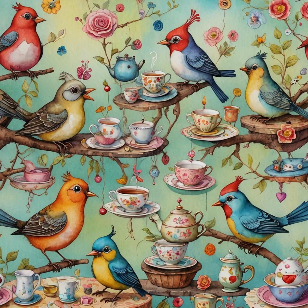 Whimsical Bird Tea Party in Mixed Media