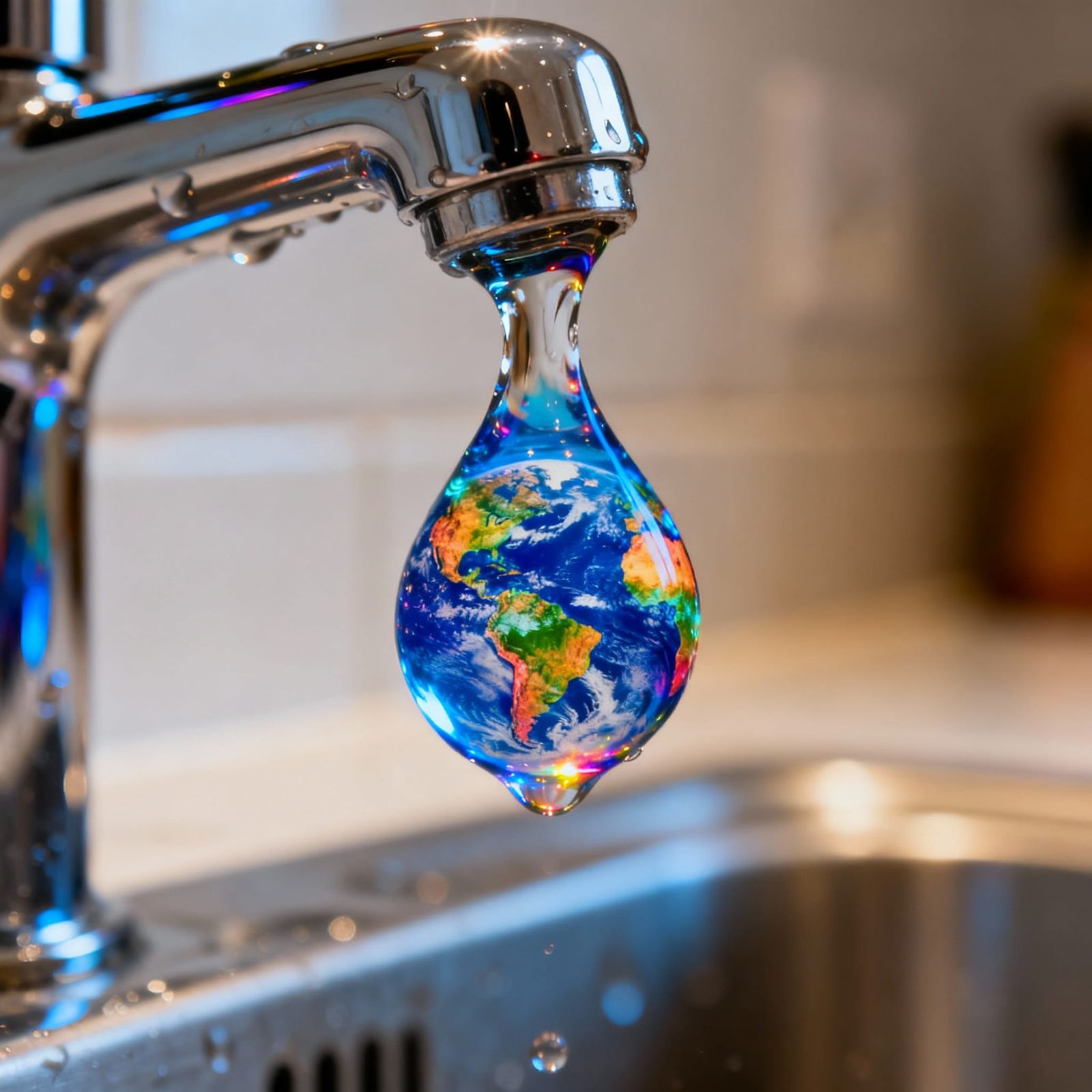 Planet Earth Reflected in a Water Drop from a Tap
