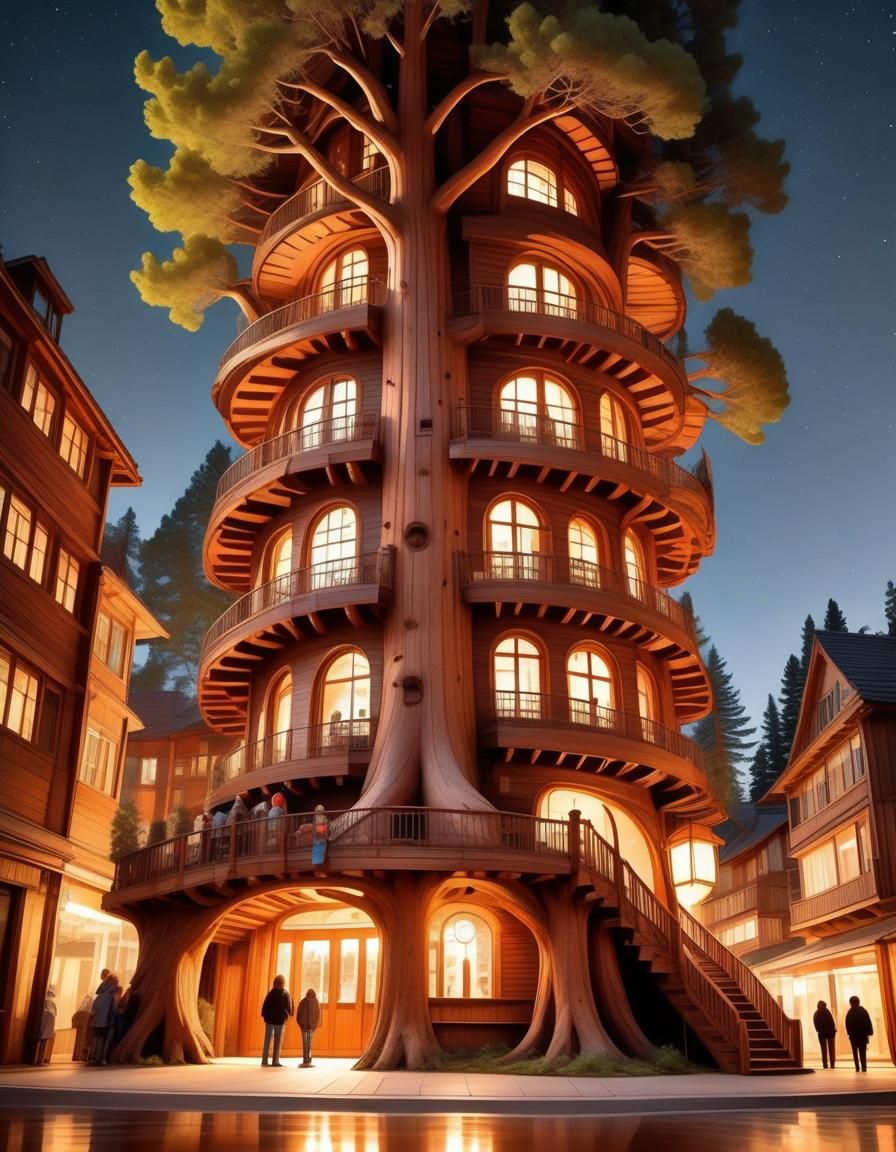 Futuristic Sequoia Tree Dwelling by Night