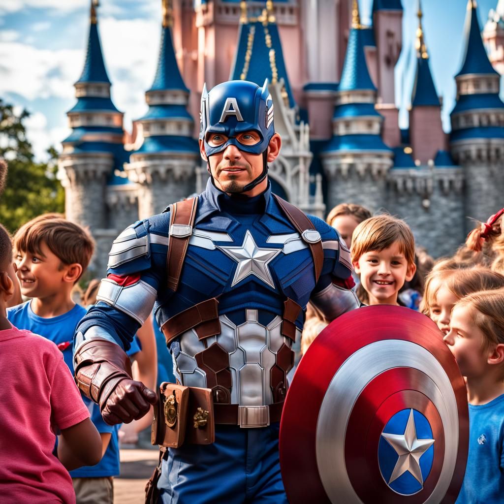 Steve Rogers is always happy to pose with mini-superheroes, even during his very first trip to Disneyland.