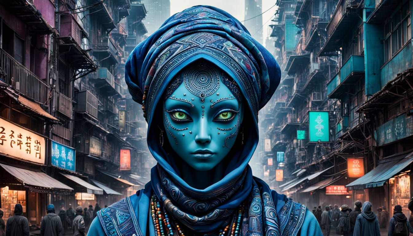 Intricate Patterned Figure in Dystopian Setting