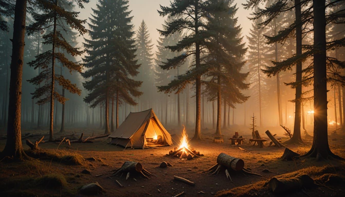 Enchanted Forest Camp in Whimsical Folk Art Style