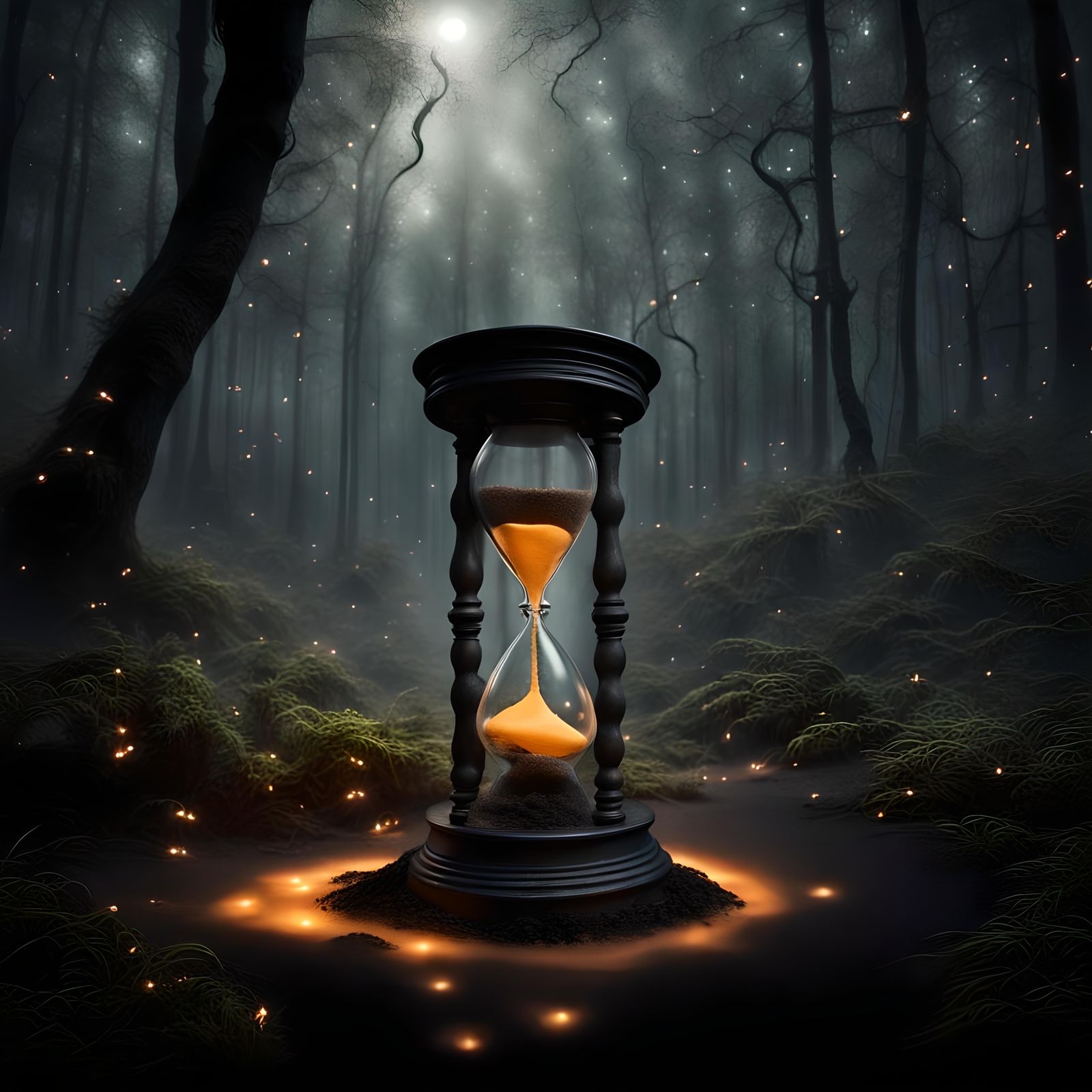 An eerie scene featuring a massive hourglass slowly filling with black sand in the middle of a mysterious forest, surrou...