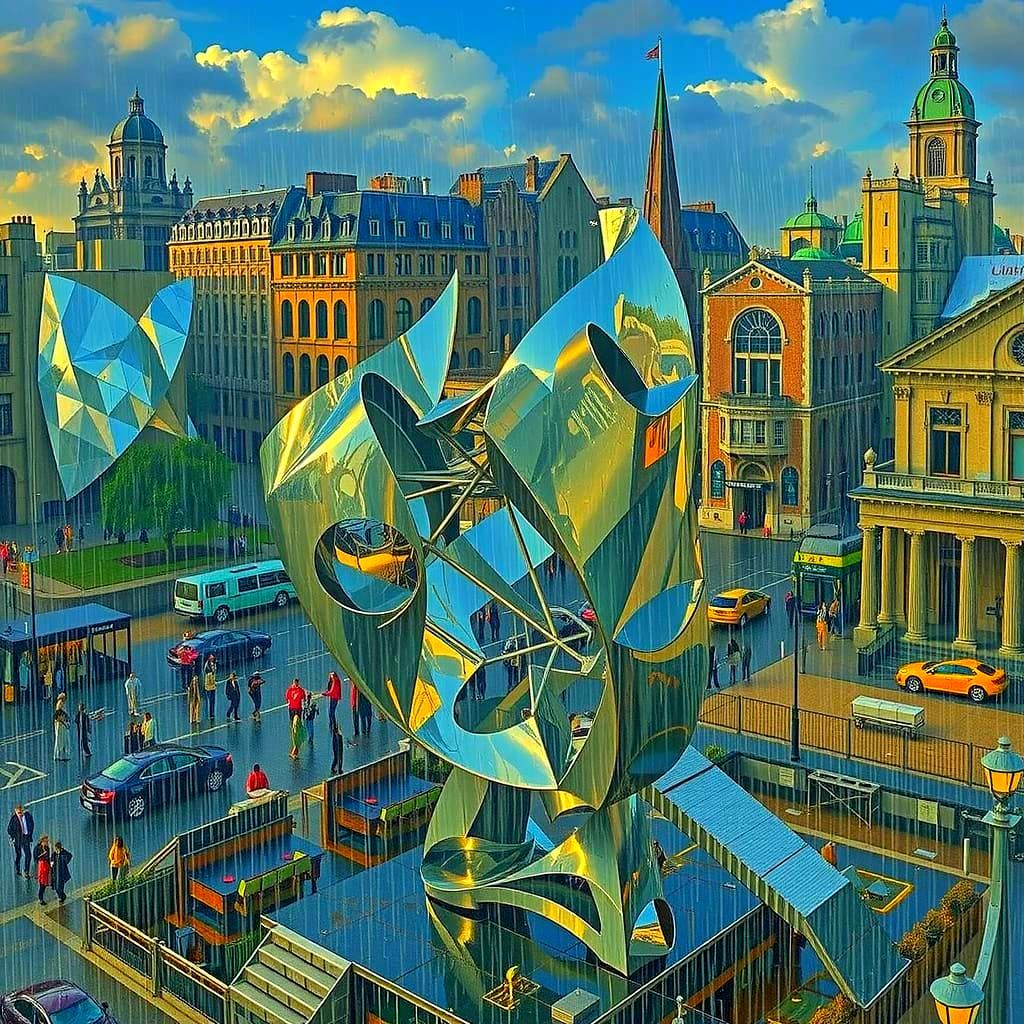 Abstract Stainless Steel Sculpture in Town Square