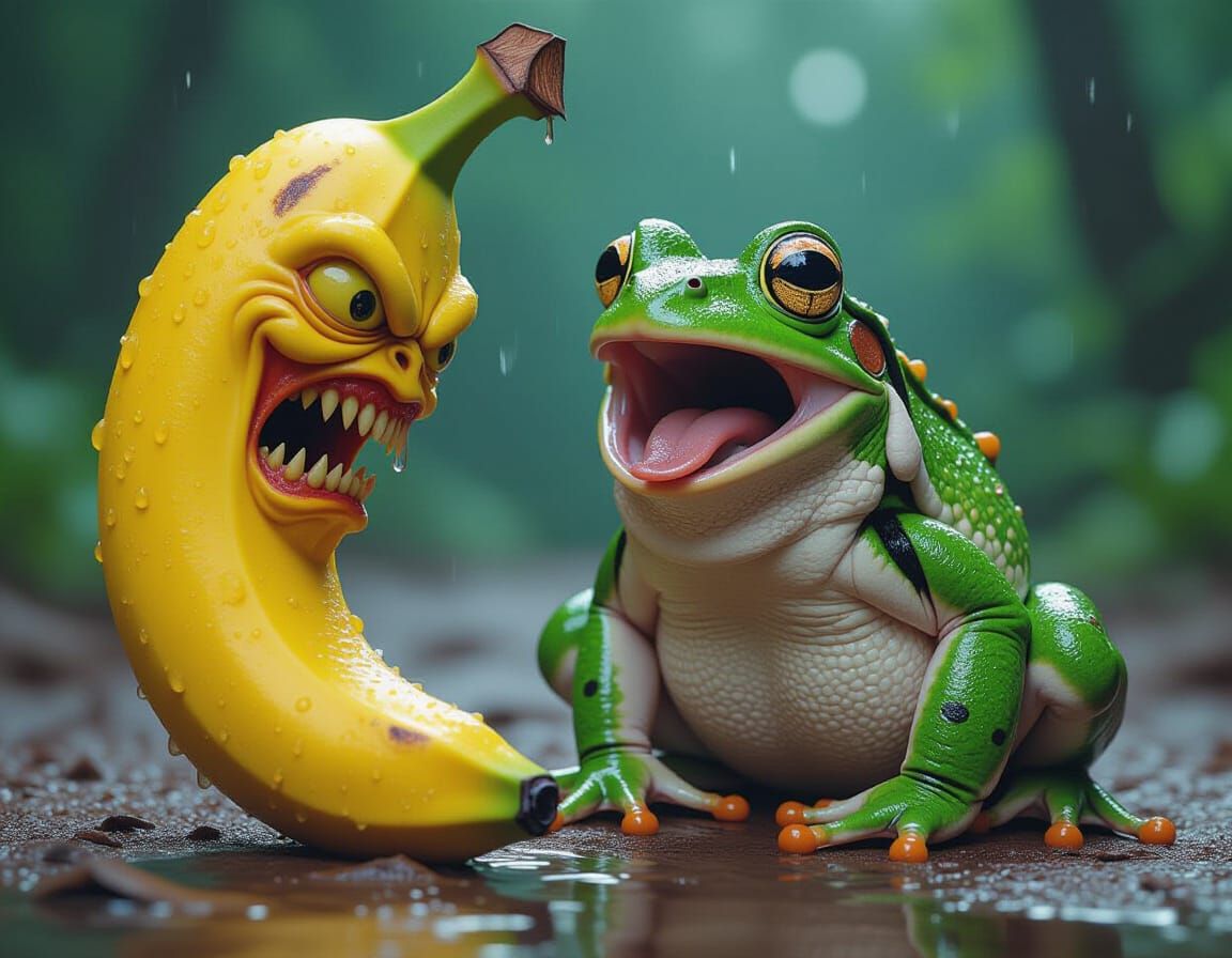 Frightened Frog and Menacing Banana in Surreal Style