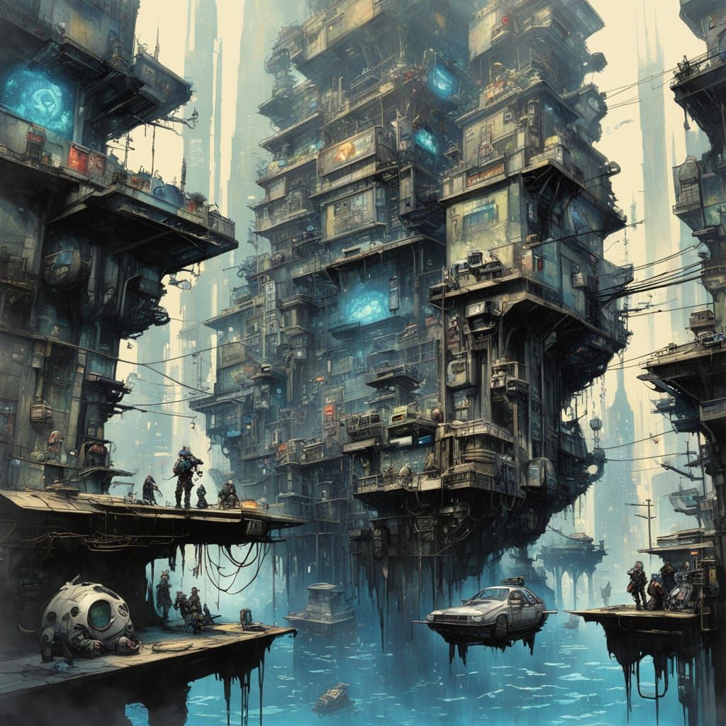 Cyberpunk Metropolis Submerged in Water