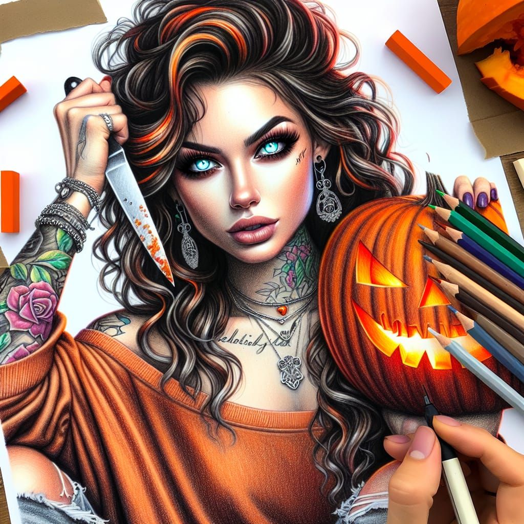 Sinister Woman Carving Pumpkin: Colored Pencil Portrait