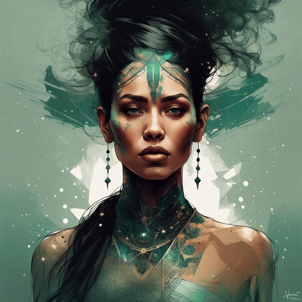 Polynesian Woman Portrait with Green Filigree