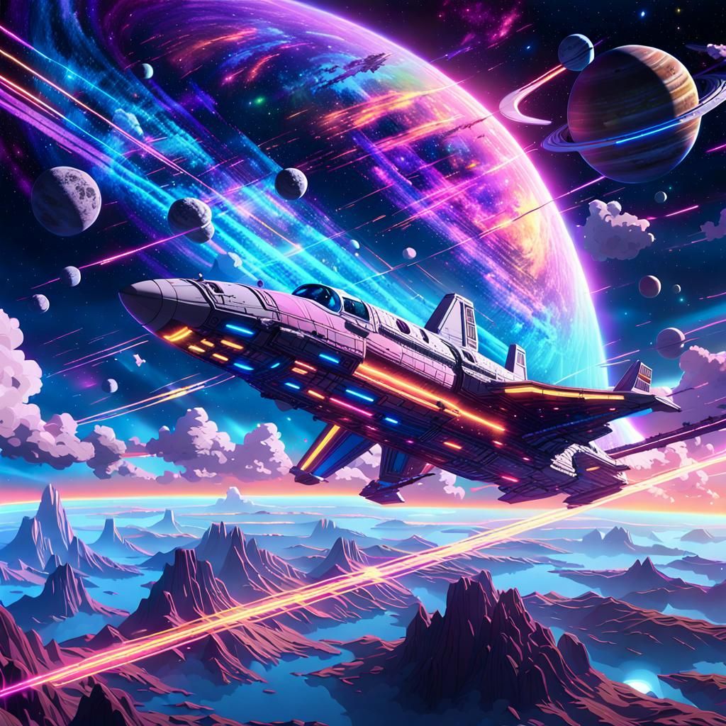 Spaceship Soaring Through Neon Galaxy: 3D Anime Art