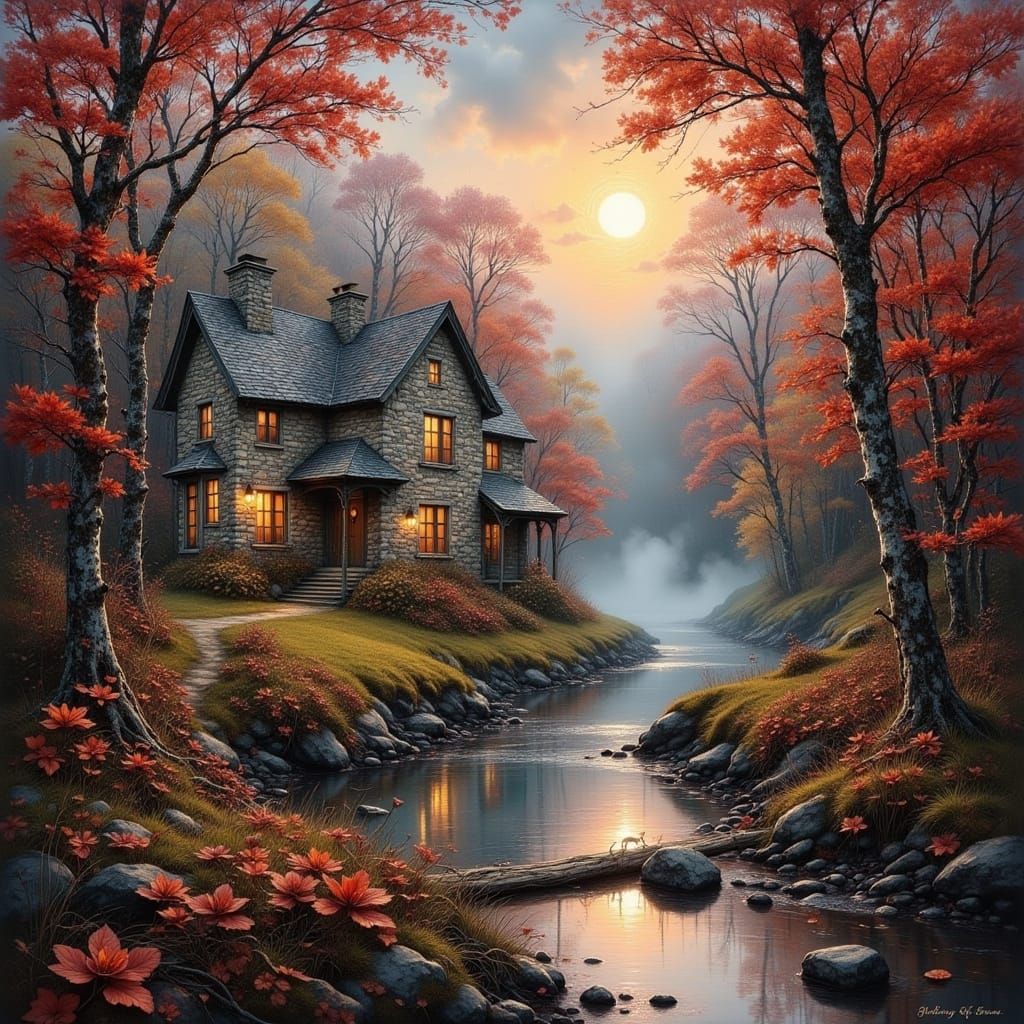 Quilled Cottage in Autumn Forest, Romantic Realism