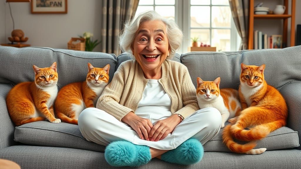Joyful Elderly Woman Surrounded by Cats