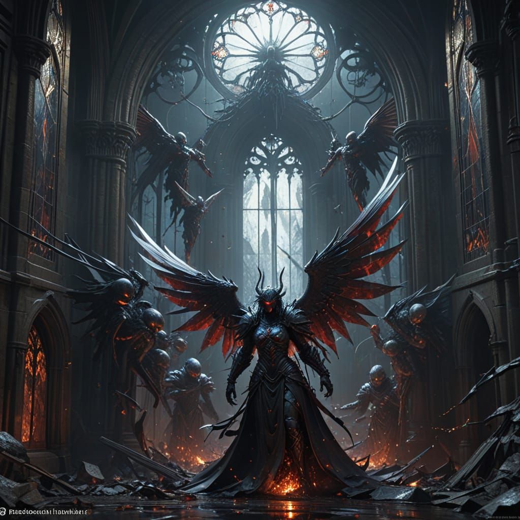 Angels Descend on Gothic Cathedral: Dark Surrealism