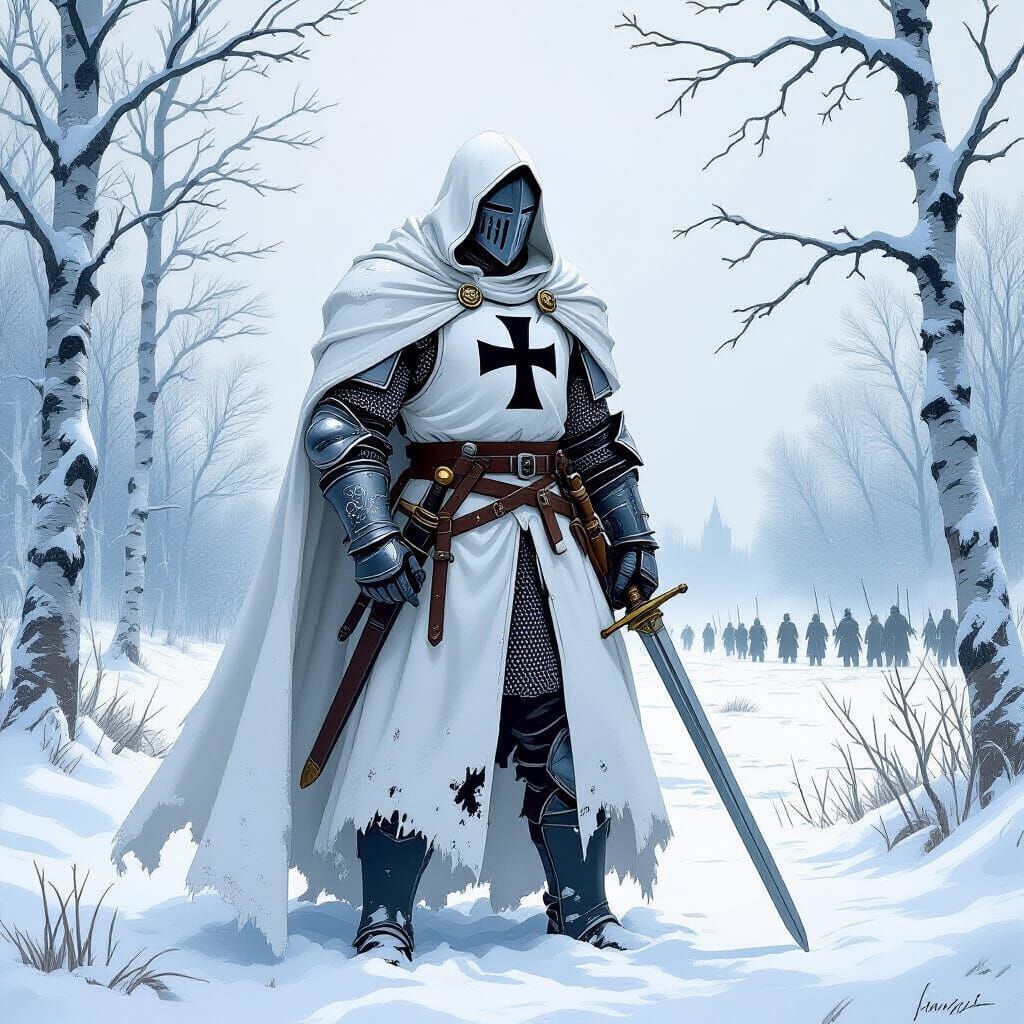 A Teutonic knight standing tall in heavy white cloak with a black cross, sword sheathed at his side, left hand resting o...