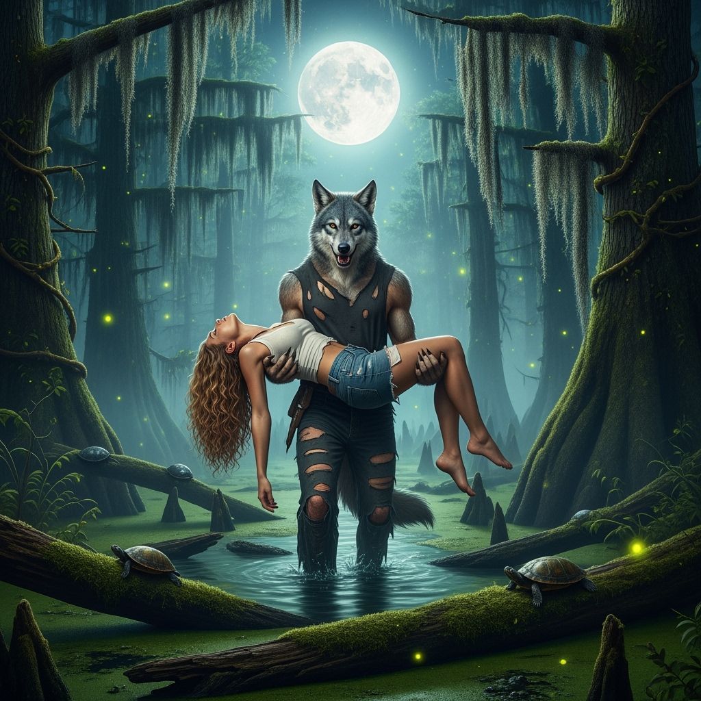 Wolf Man Carries Woman Through Moonlit Swamp