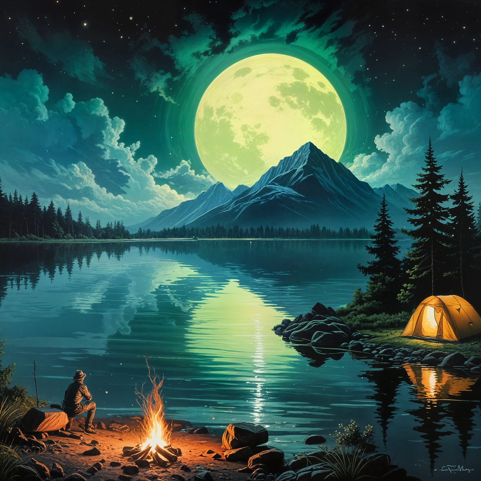 Neon Green Moonlit Night Landscape Oil Painting