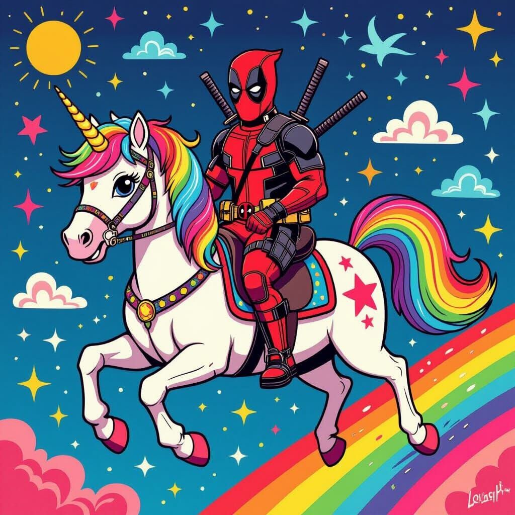Deadpool Rides a Rainbow Unicorn in Whimsical Style