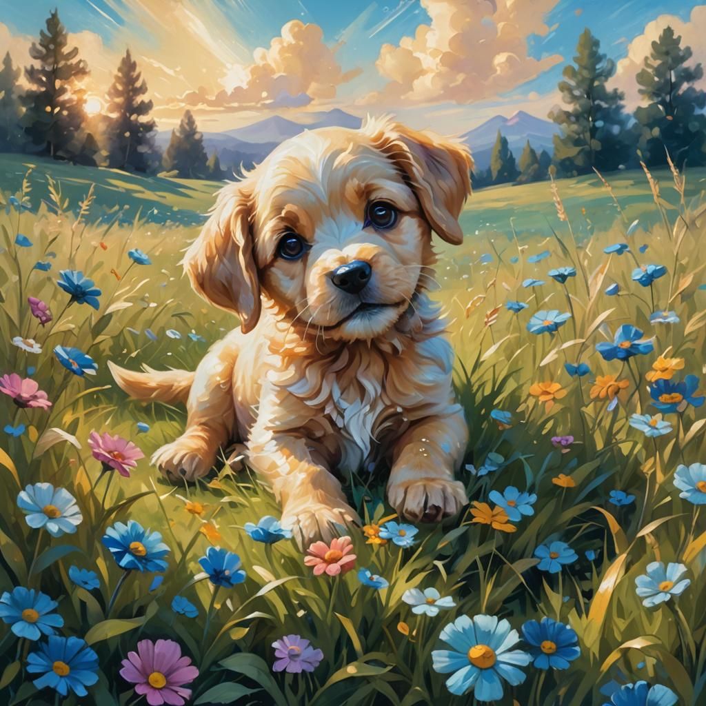 Puppy Playing in Dreamy Meadow as Oil Painting