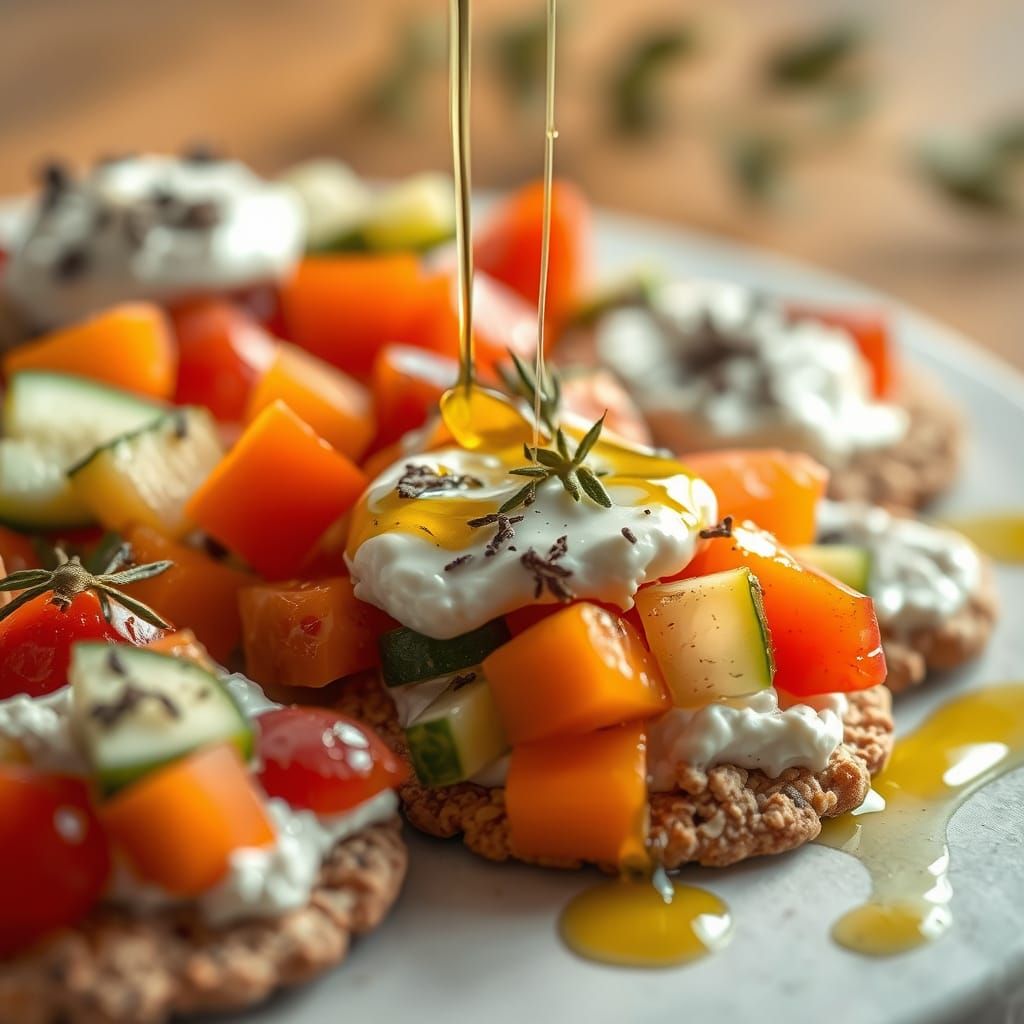 Oatmeal Crackers with Fresh Vegetables and Labneh in a Warm,...