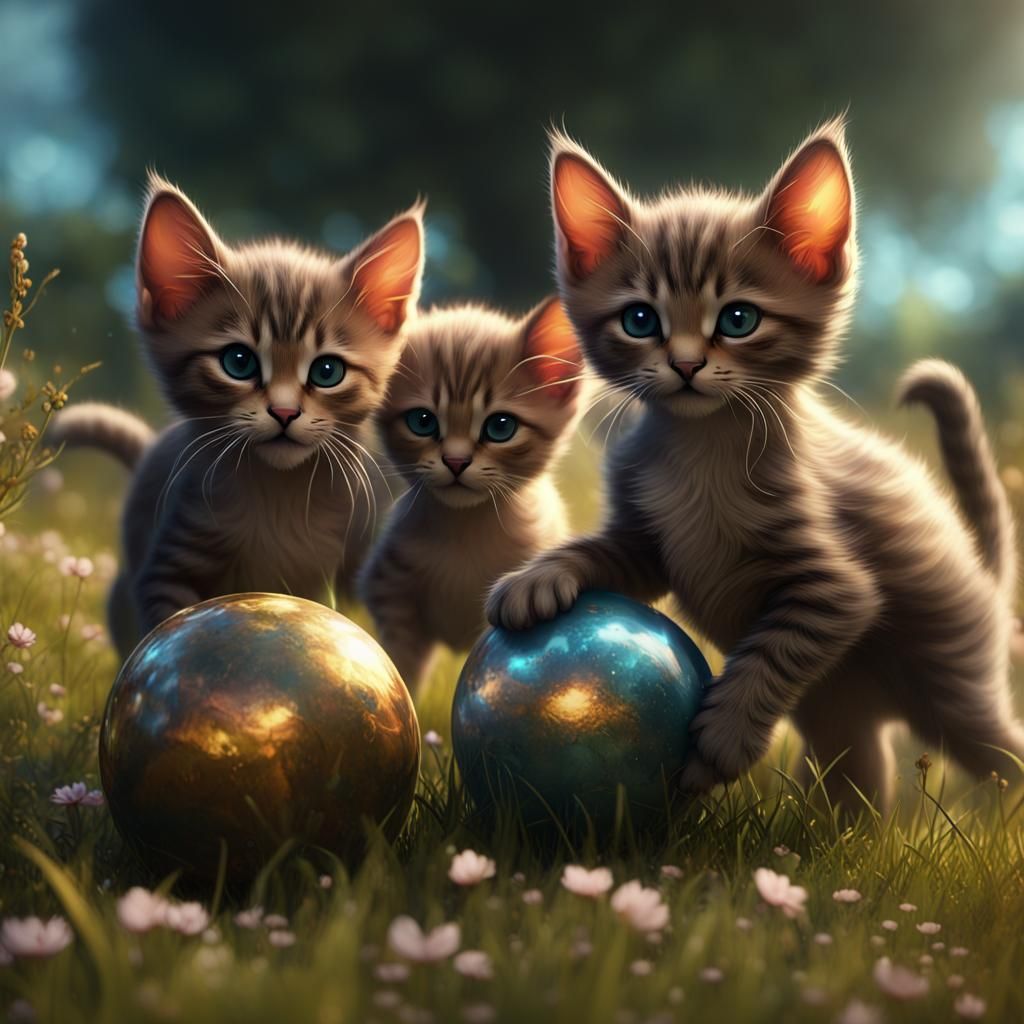 Ashera Kittens Play in Meadow, Fantasy Concept Art