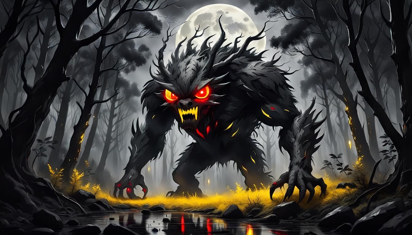 Charcoal Forest with Red-Eyed Monsters