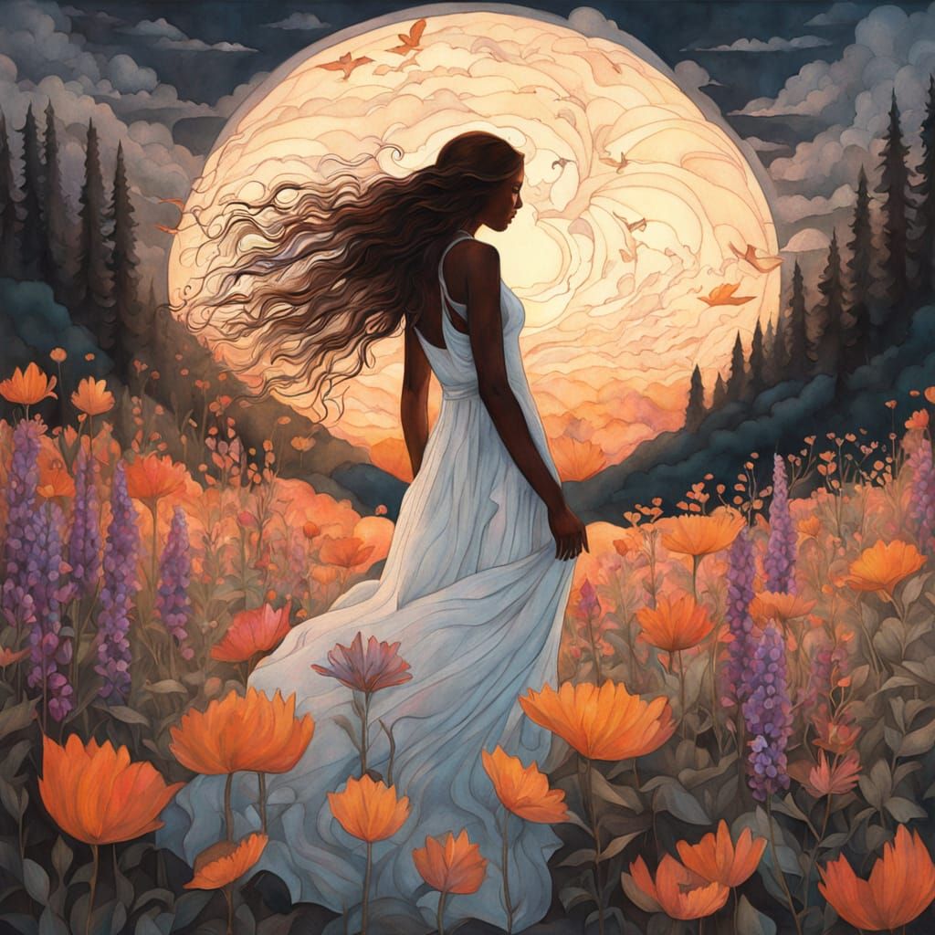 Enchanting Dreamlike Scene with Serene Woman and Vibrant Lup...