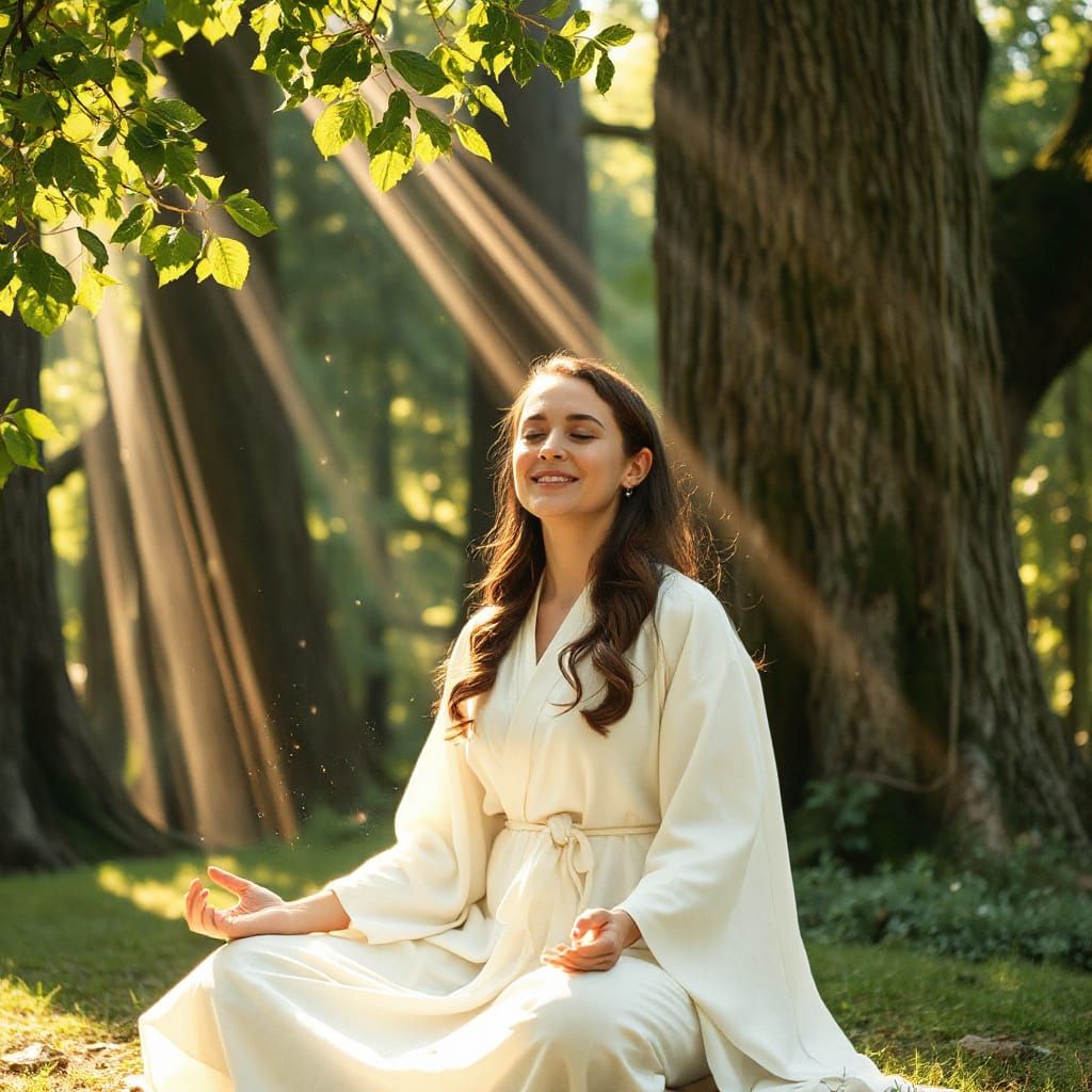 Woman Meditating in Sun-Dappled Forest Clearing