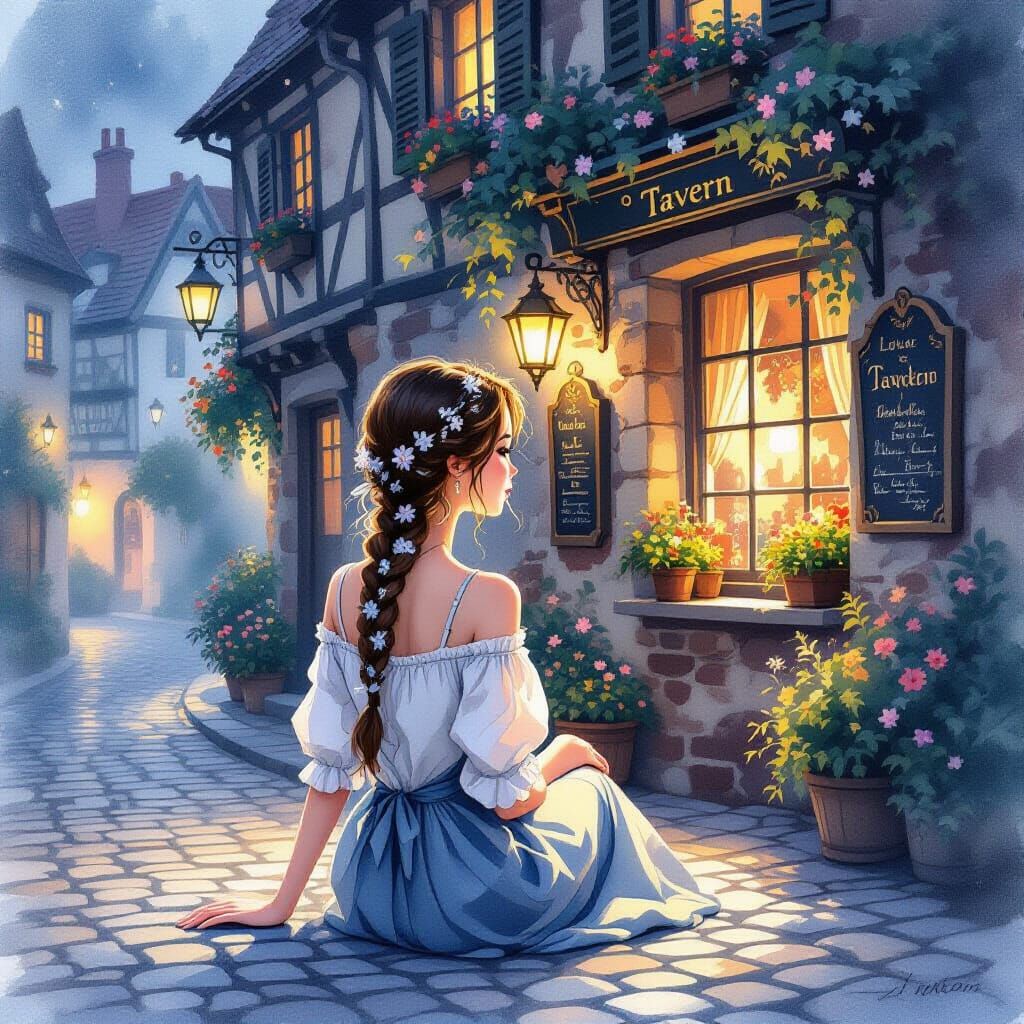 Dreamy Watercolor of Woman on Cobblestone Street