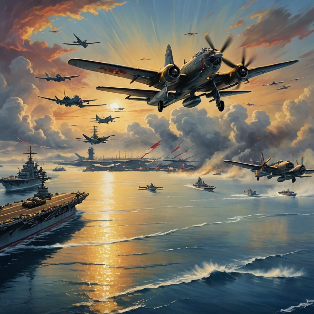 Japanese Planes Launching from Akagi: Oil Painting