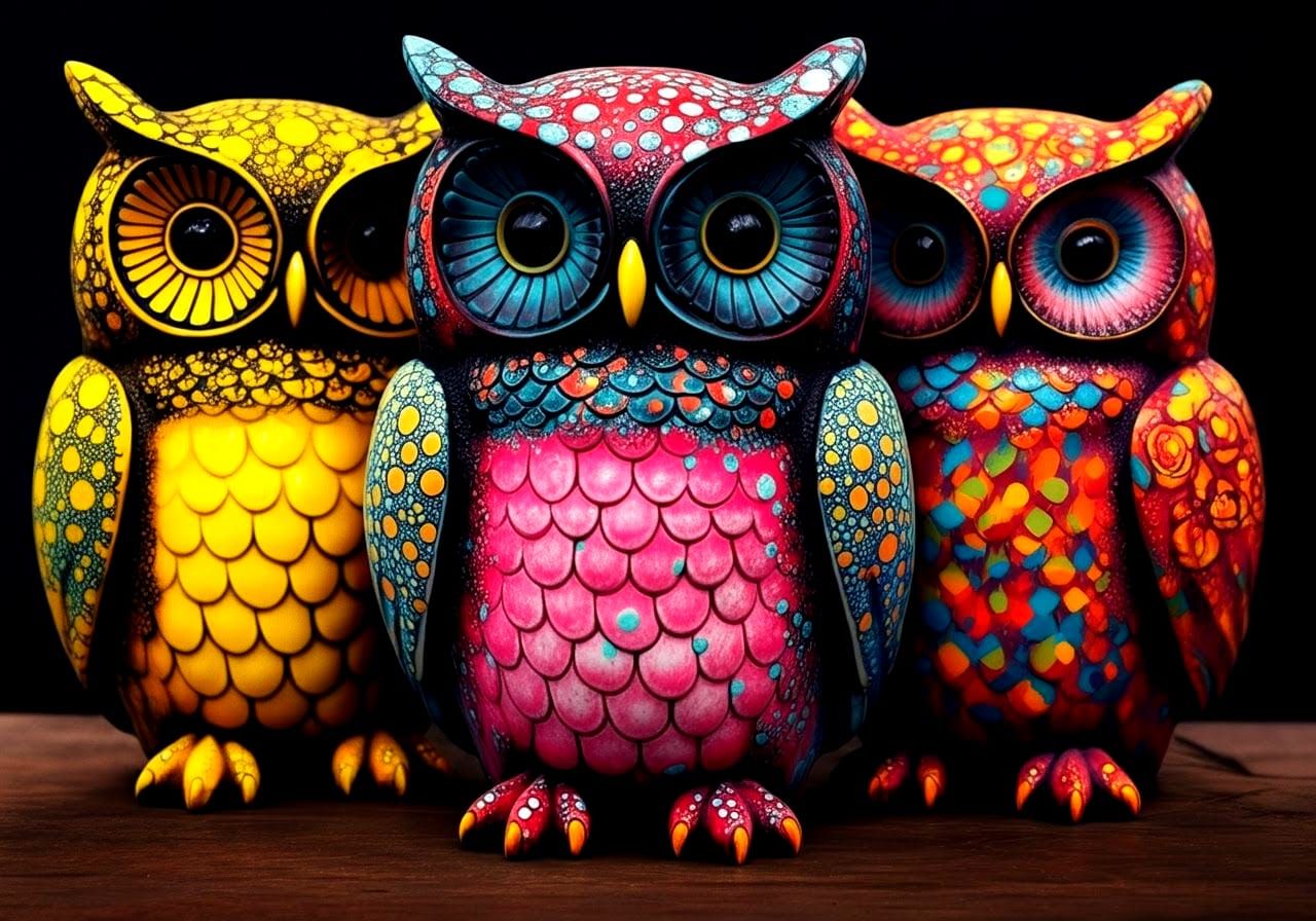 Porcelain Owls in Psychedelic Polka Dots