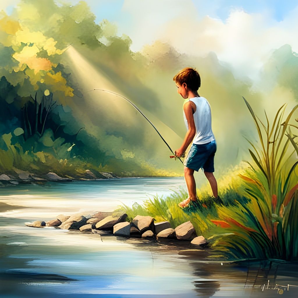 Hyperrealistic Boy Fishing on River Bank