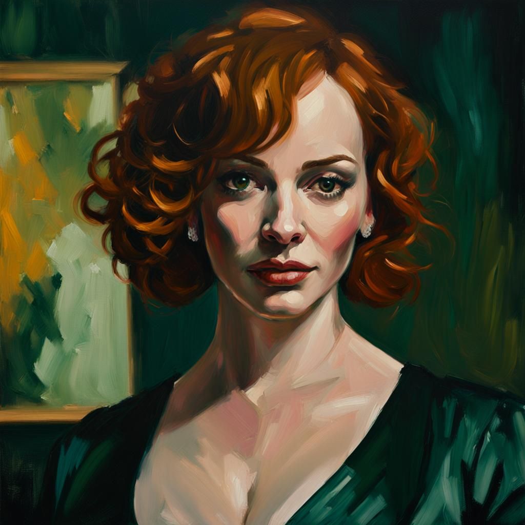 Christina Hendricks Impressionist Portrait in Green Satin