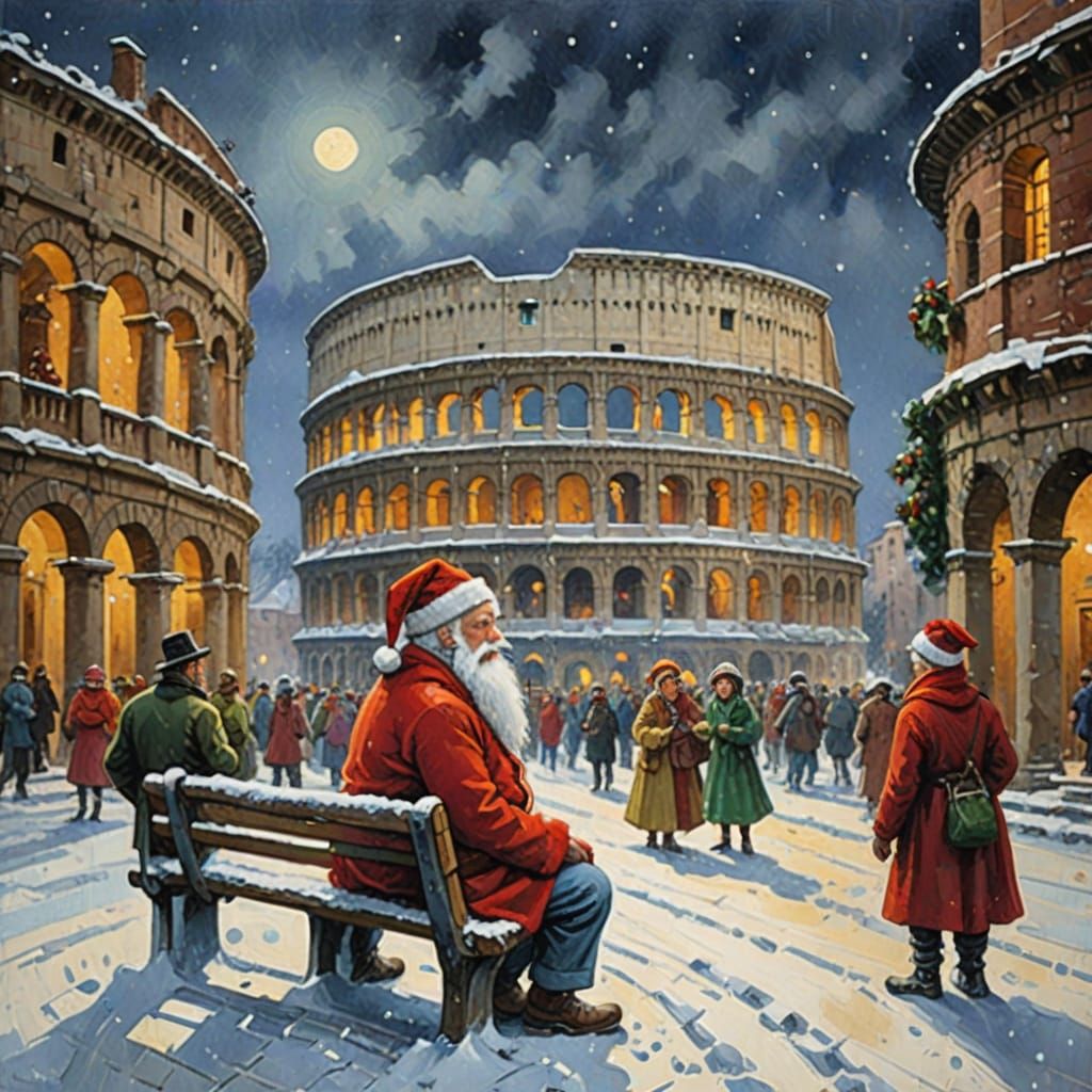 Man in Red Scarf Sits on Bench in Festive Colosseum Scene